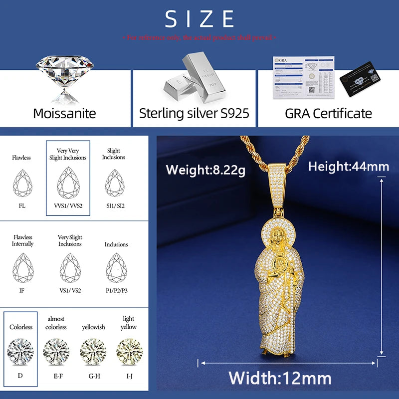 San Judas Tadeo | Solid 925 Sterling Silver Moissanite Diamond Spiritual Hip Hop Pendant