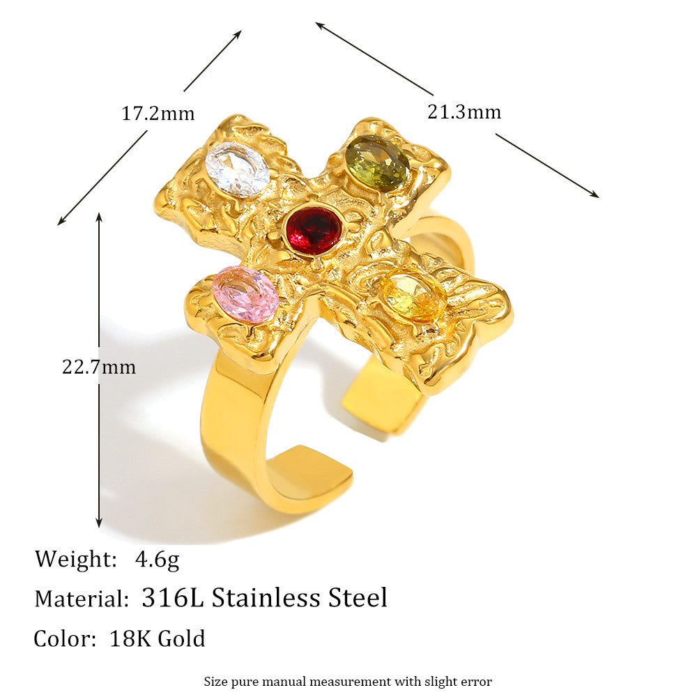 Womens Luxury 18k Gold Multicolor CZ Stainless Steel Waterproof Cross Ring