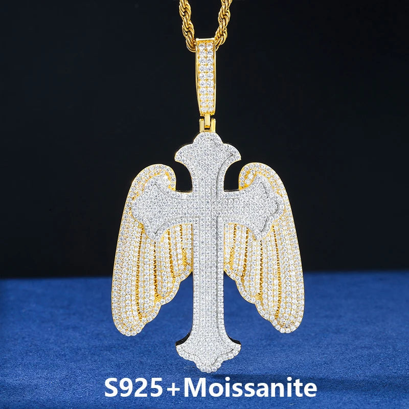 The Bling Angel | VVS Moissanite Diamond Angel Wings Cross 925 Silver Hip Hop Pendant