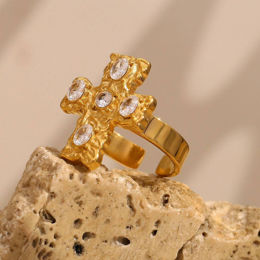 Womens Luxury 18k Gold Multicolor CZ Stainless Steel Waterproof Cross Ring