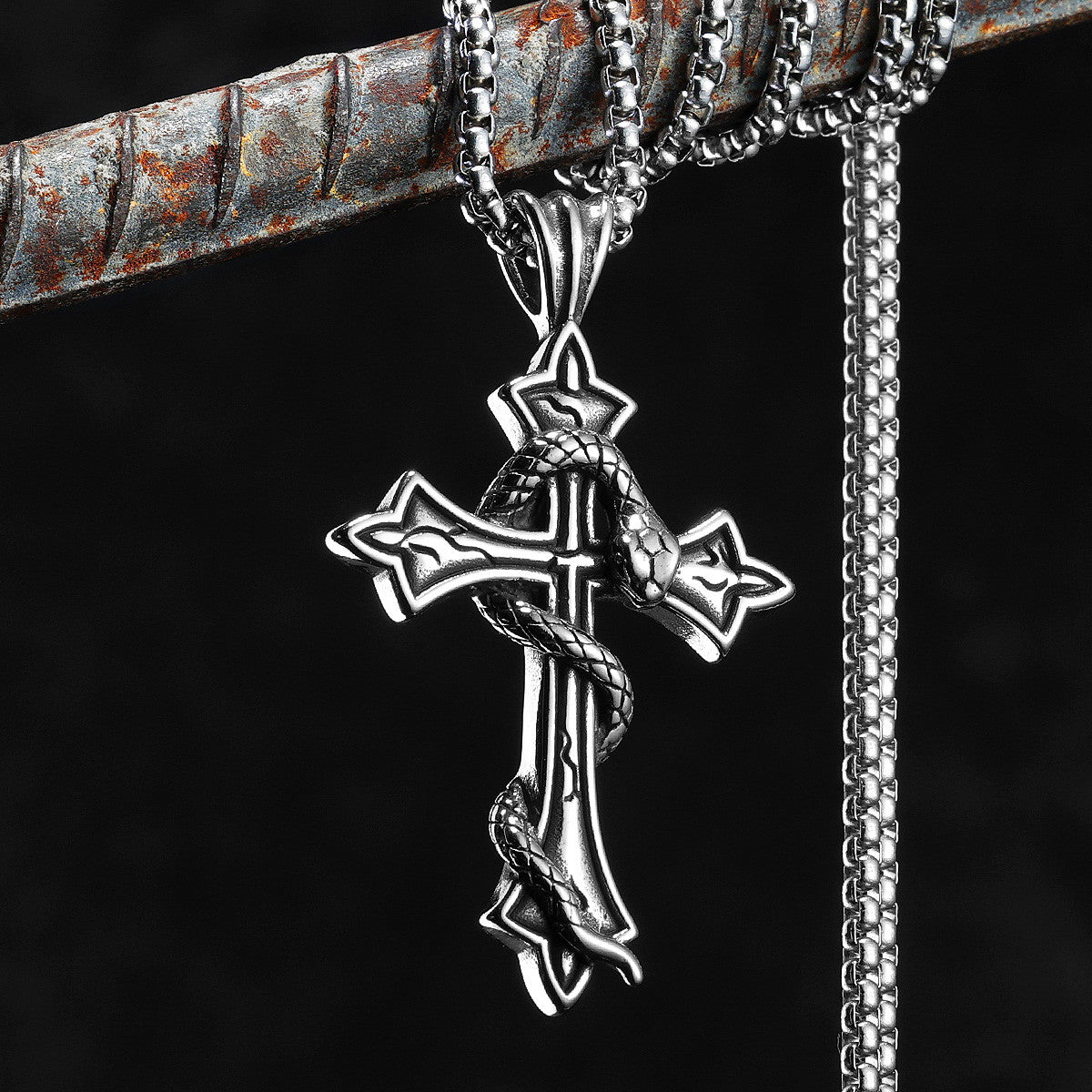 Snake Cross | Solid Stainless Steel Good and Evil Men&#39;s Cross Pendant