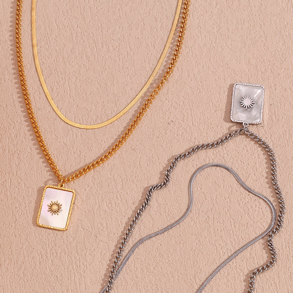 Double Layer Herringbone Twisted Chain Square Sun Ray Shell Sun Pendant Necklace