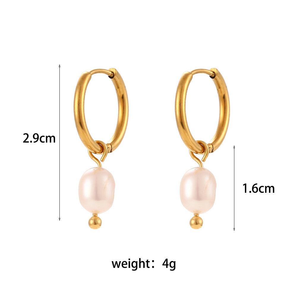 Women's 18k Gold Sleek Fresh Water Pearl Stainless Steel Small Hoop Earrings