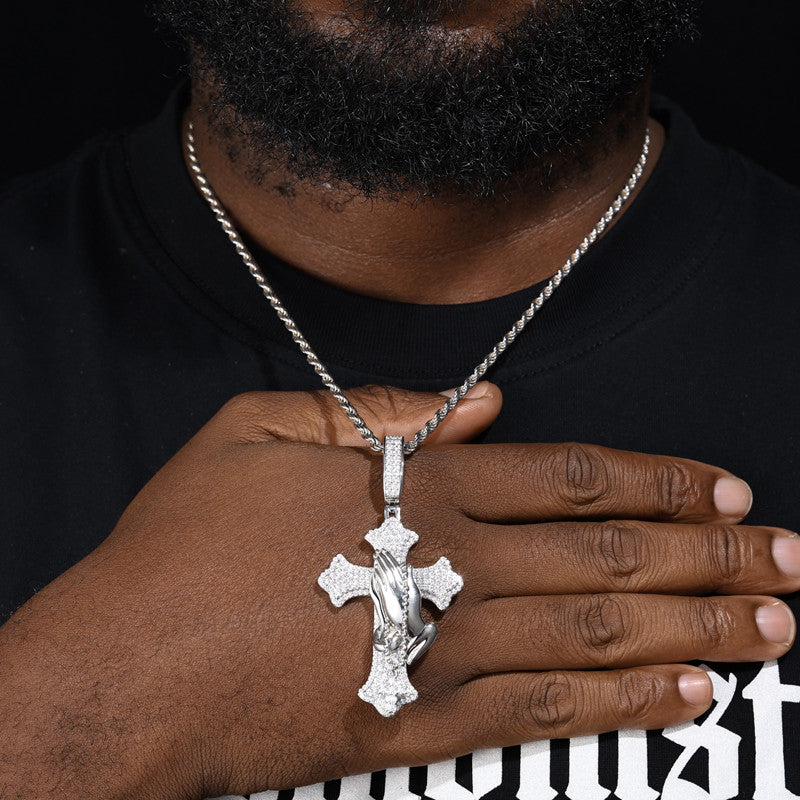 The Power Of Prayer | Solid 925 Silver Prayer Hands Cross Moissanite Diamond Hip Hop Pendant