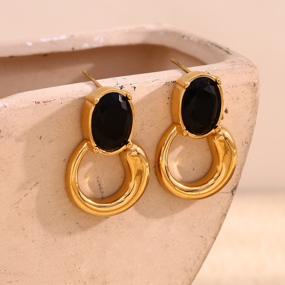 18k Gold Waterproof Oval Shape Green Zircon Classic Stainless Steel Earrings