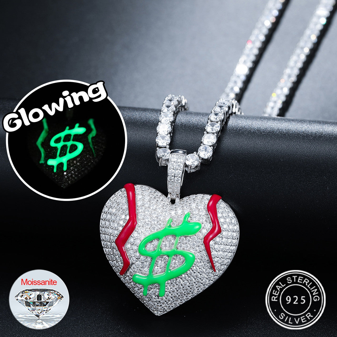Genuine VVS Diamond Get The Money Bleeding Broke Heart Hip Hop Pendant Chain Necklace