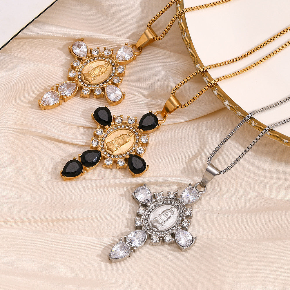 18k Gold Solid Stainless Steel Waterproof Virgin Mary Cross Pendant Necklace