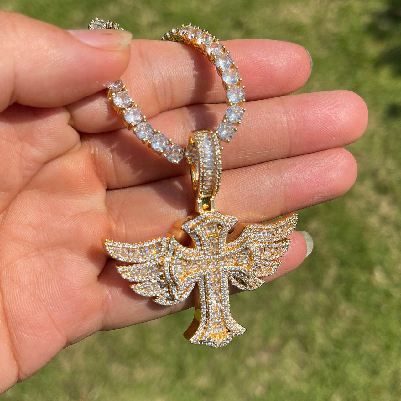 The Savior | VVS Diamond CZ Prong Set Winged Cross Iced Blinged Out Pendant