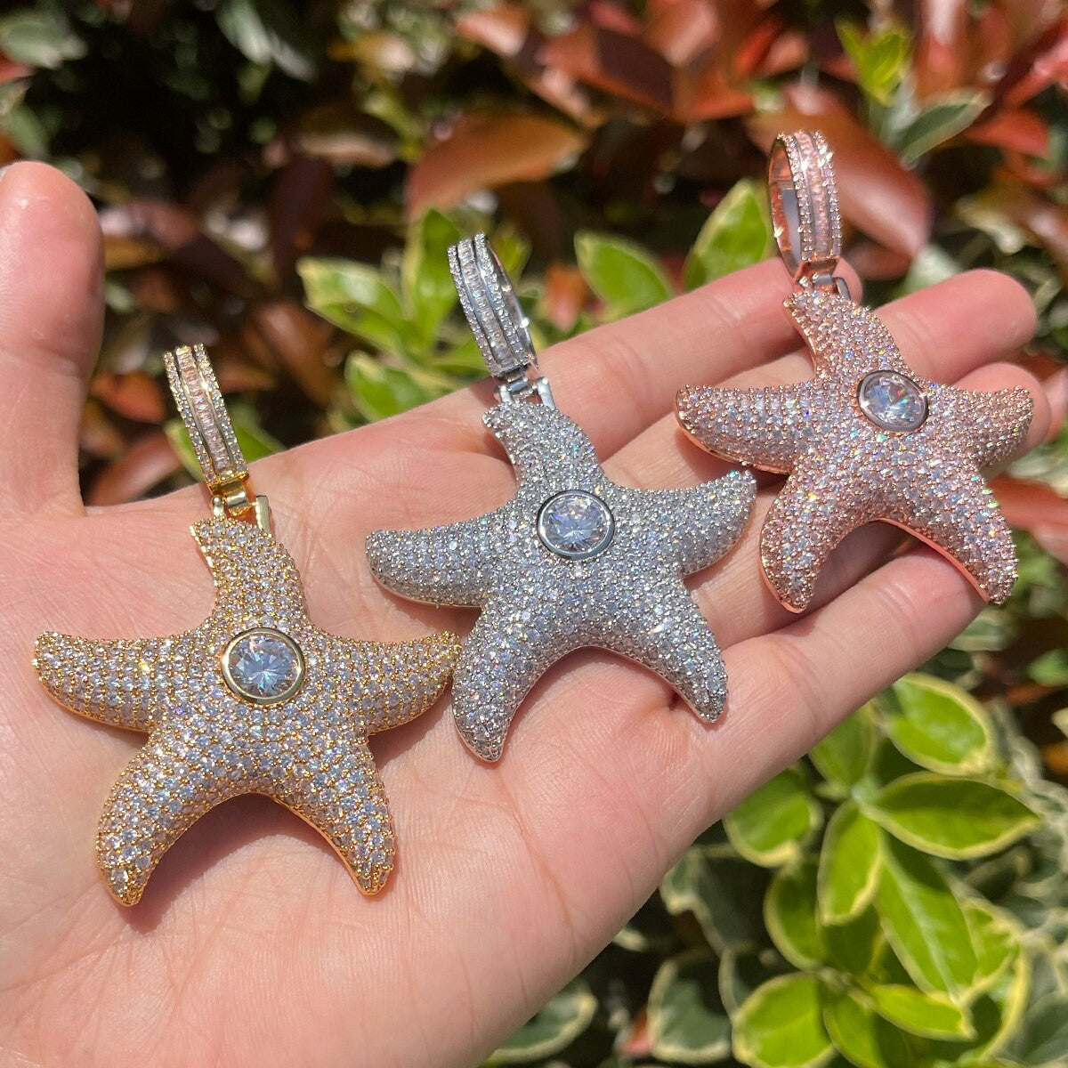 Center Stone Superstar Starfish Flooded Ice Streetwear Hip Hop Pendant Chain Necklaces