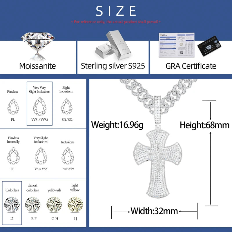 Baguette Luxury | Moissanite Diamond Solid Silver Hip Hop Cross Pendant