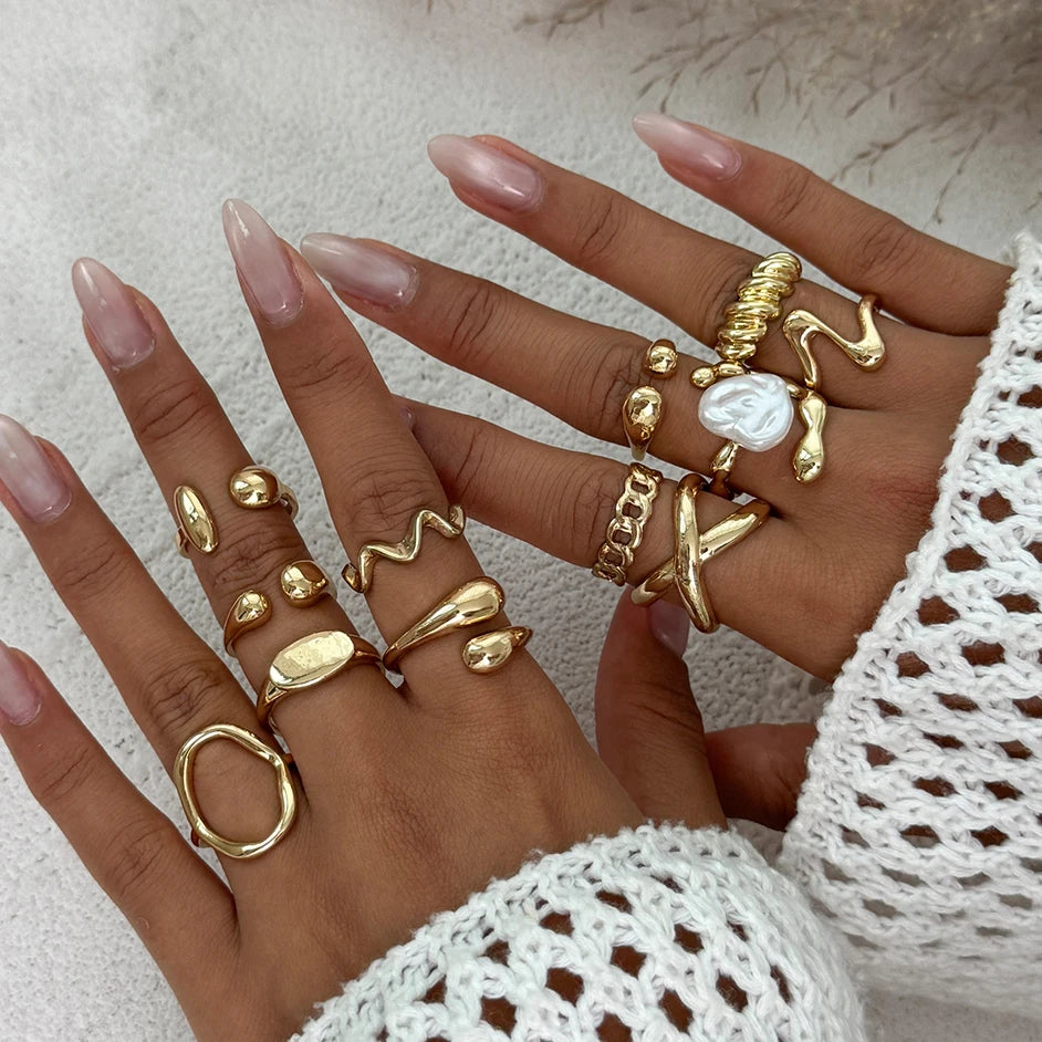 Ladies High Fashion Gold 12 Piece Tear Drop Vintage Ring Set