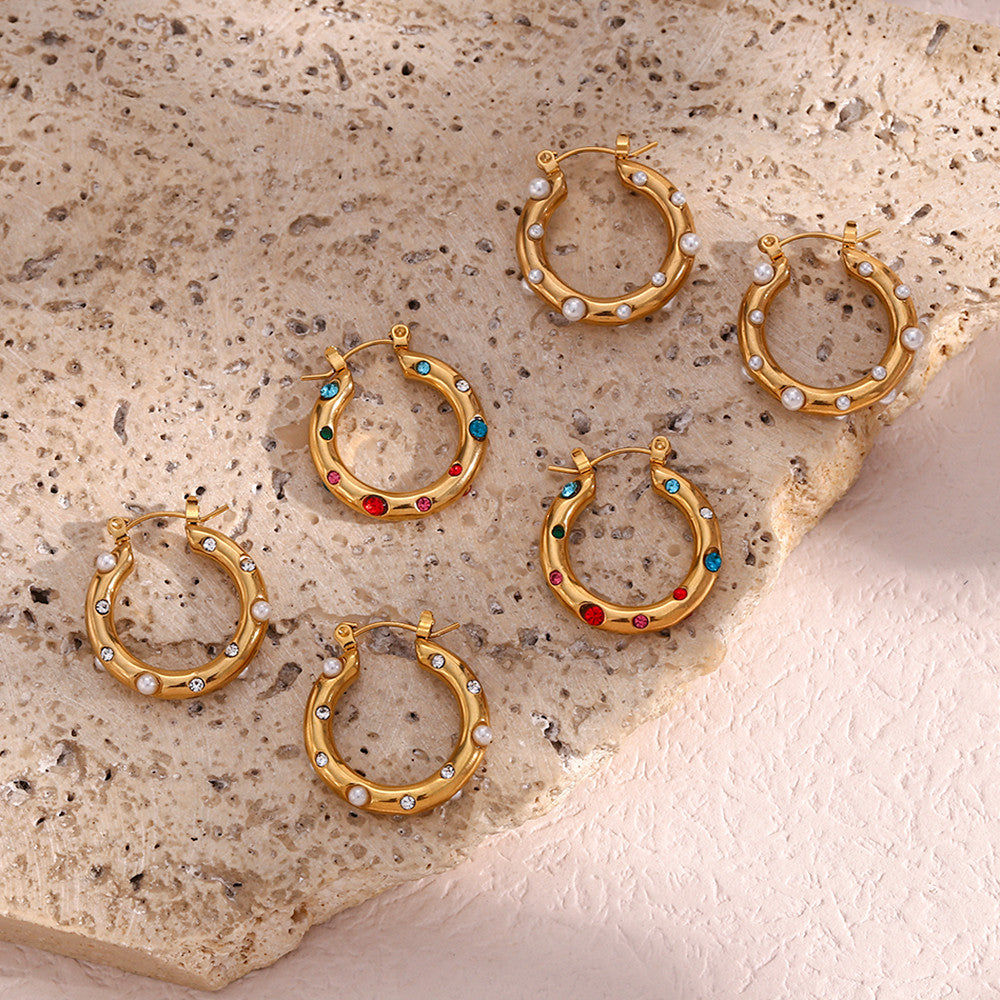 Waterproof 18k Gold  Colorful CZ Stone Pearl Paved Chunky 25MM Medium Size Hoop Earrings