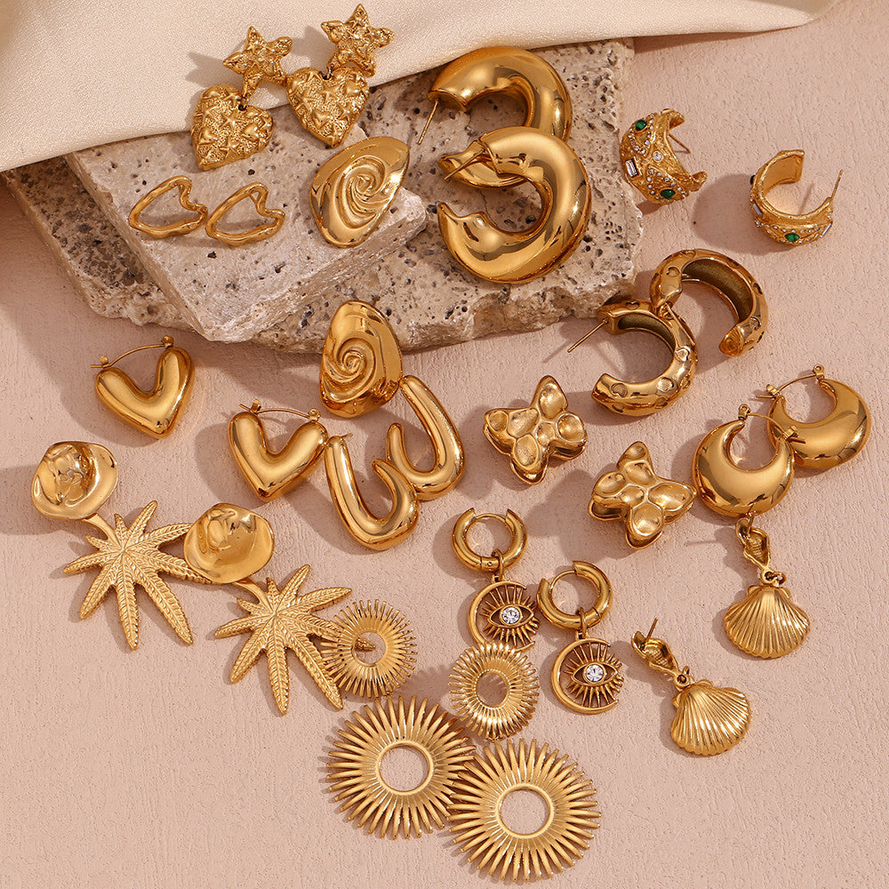 18k Gold Waterproof Starfish Love Circle Cochlear Conch Irregular Coconut Tree Bling Earrings