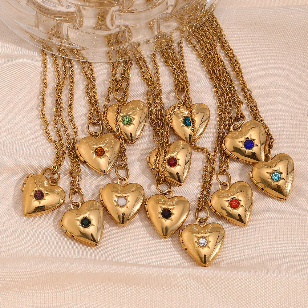 Women's Birth Stone Heart Shape Photo Box Pendant 18k Gold Waterproof Necklace
