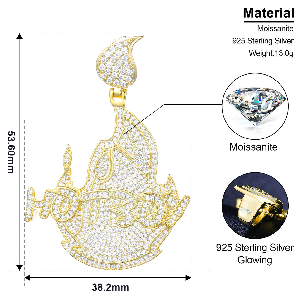 Hot Boy | Mens 925 Sterling Silver Moissanite Diamond Fire Flame Hip Hop Pendant Chain