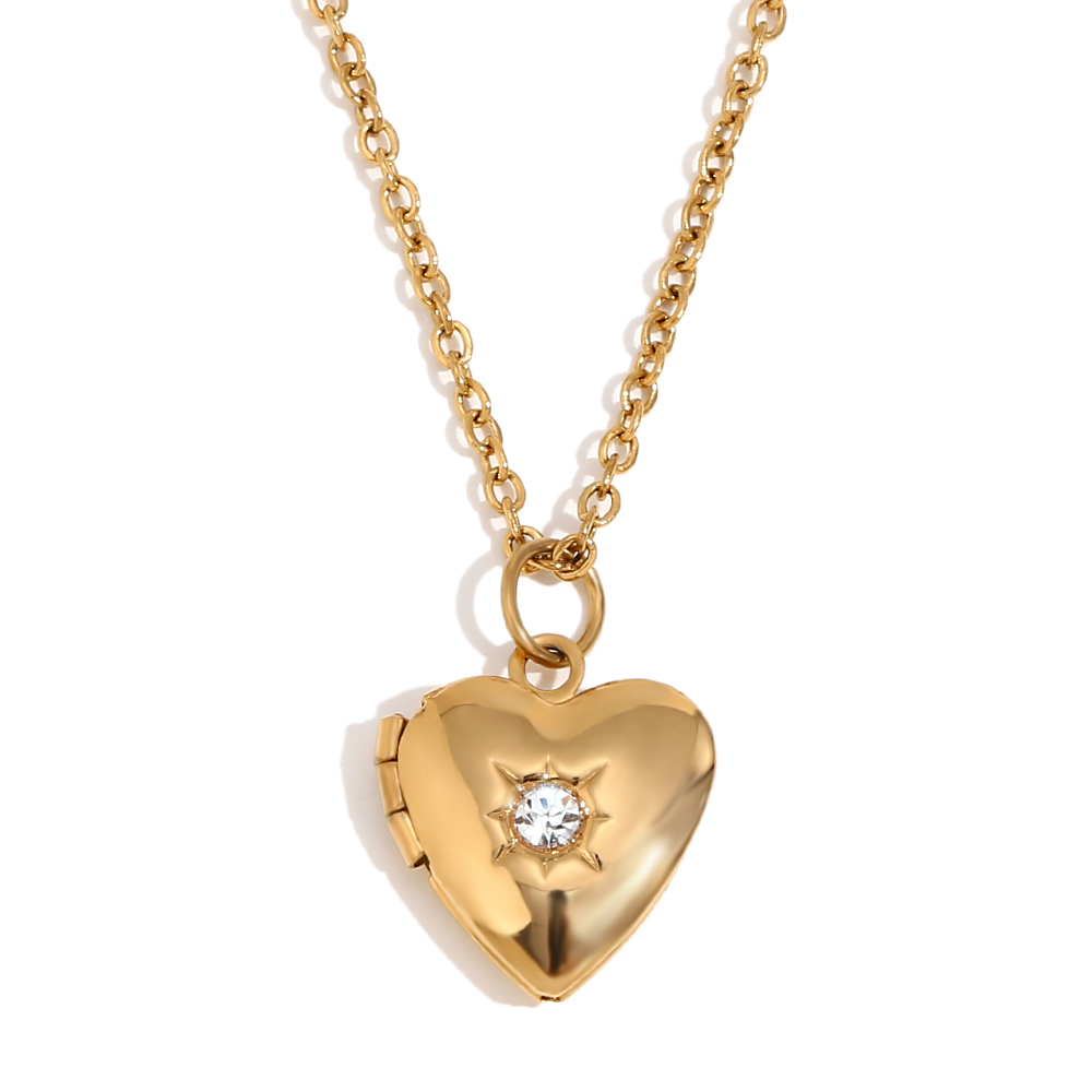 Women's Birth Stone Heart Shape Photo Box Pendant 18k Gold Waterproof Necklace