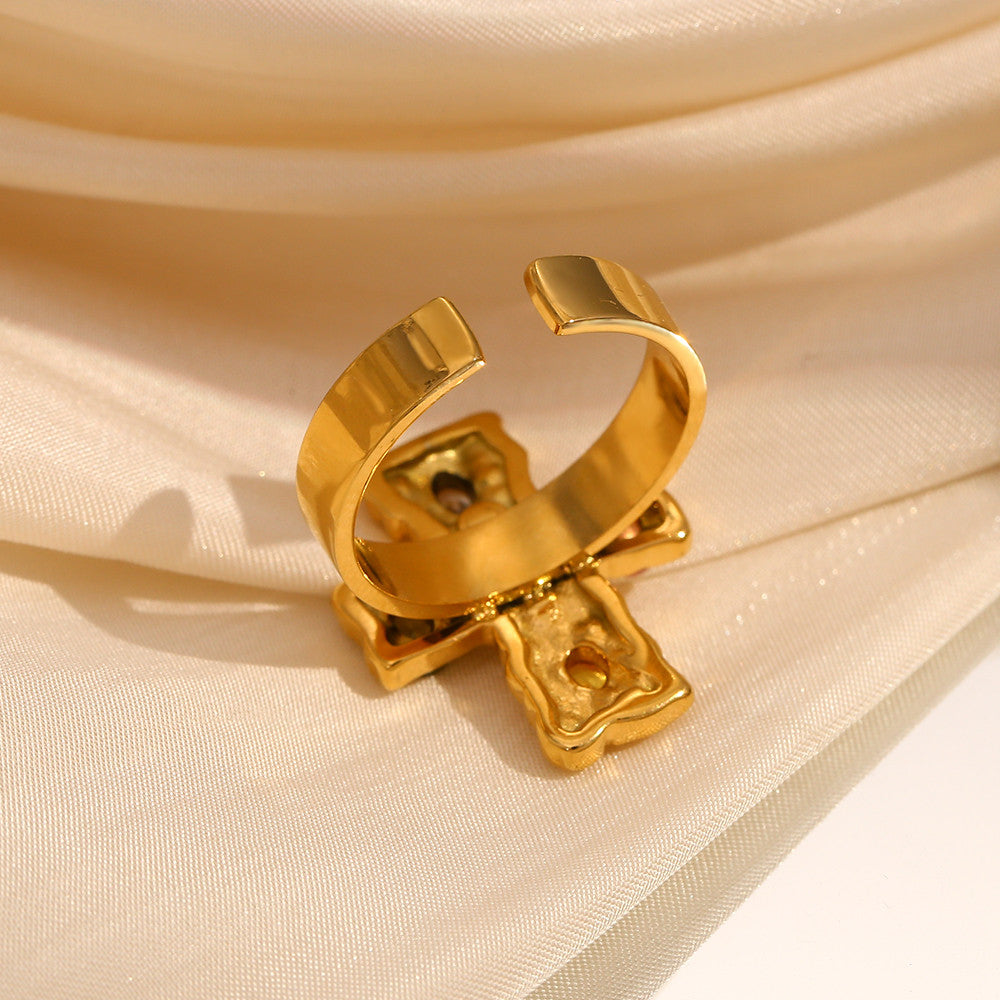 Womens Luxury 18k Gold Multicolor CZ Stainless Steel Waterproof Cross Ring