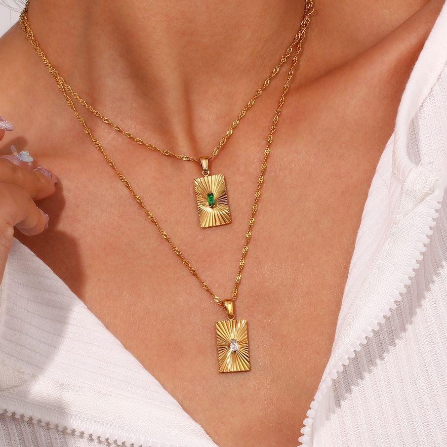 Sunburst 18k Gold Over Stainless Steel Waterproof Rectangle 316L Chain Necklace