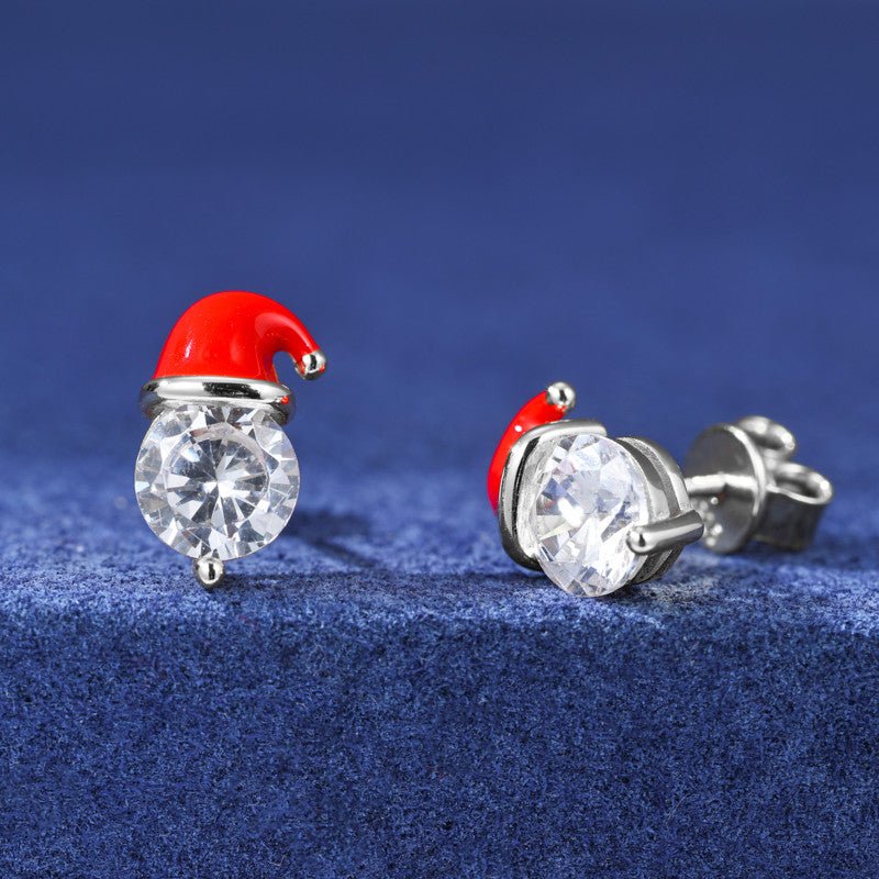 Christmas Santa Claus Moissanite Diamond Sterling Silver Stud Bling Earrings
