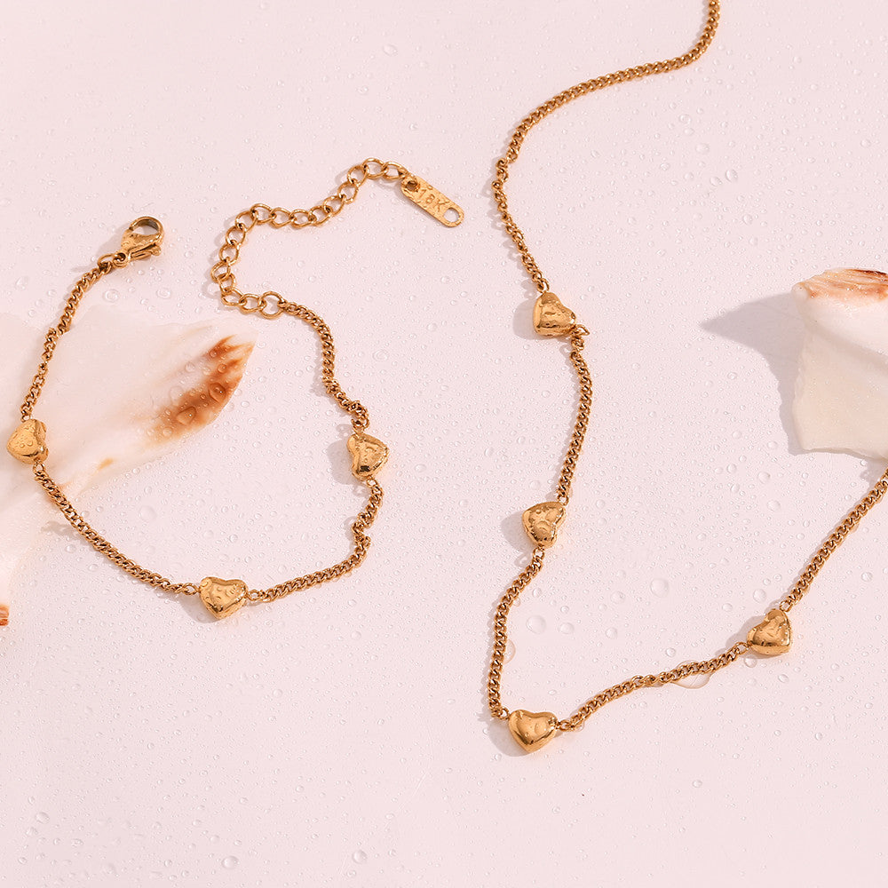 18k Gold Stainless Steel Heart Bracelet Necklace Waterproof Jewelry Set