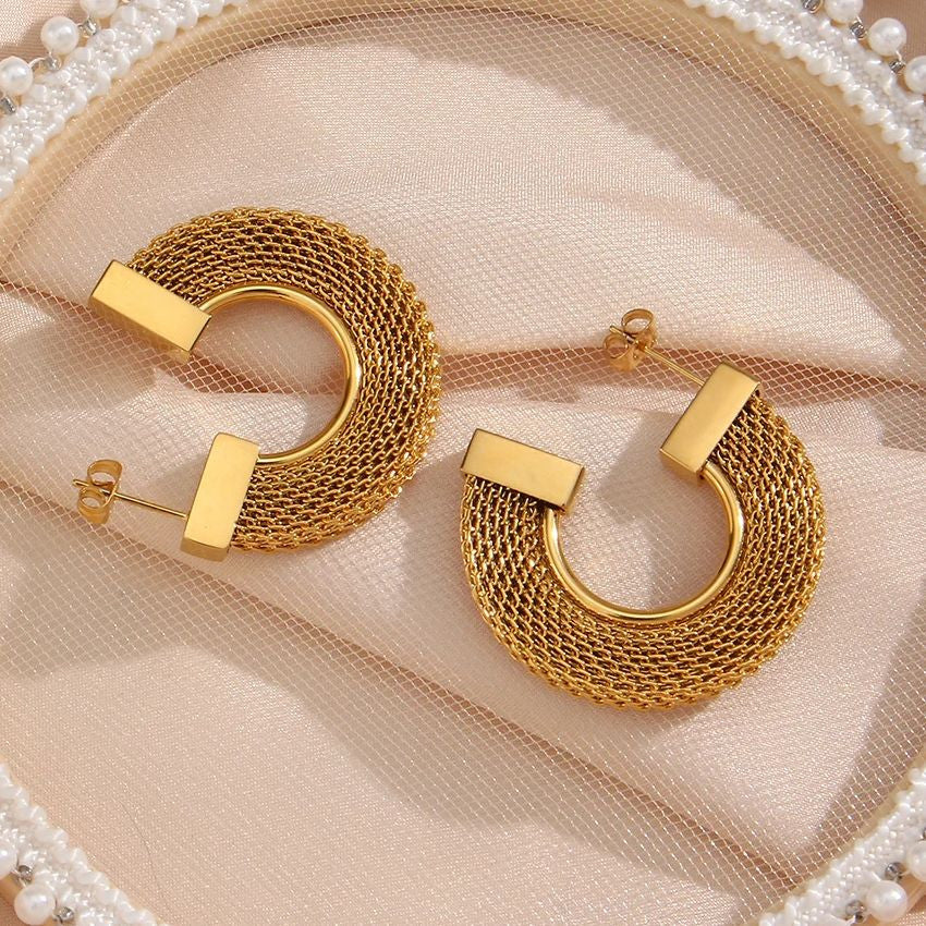 18k Gold Waterproof Solid Stainless Steel Braided CC Hoop Earrings