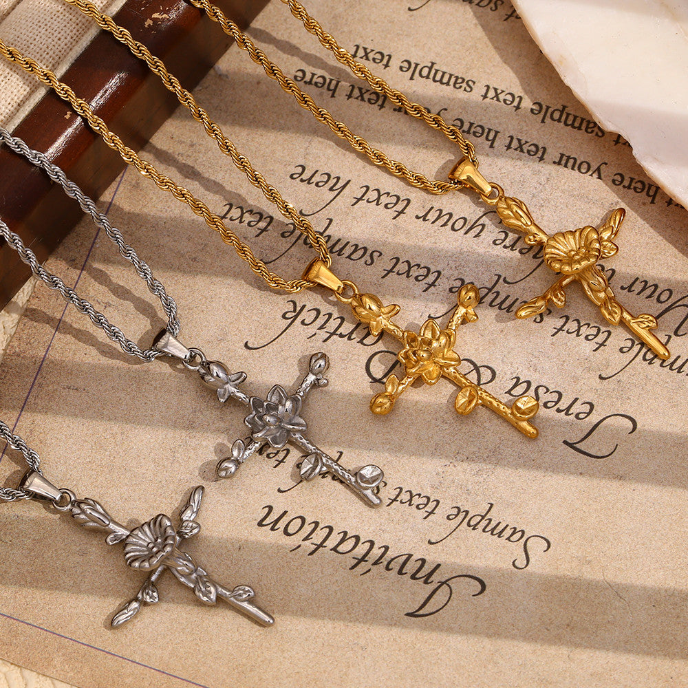 Women's 18k Gold Waterproof Designer Birth Month Flower Cross Tarnish Free Necklace