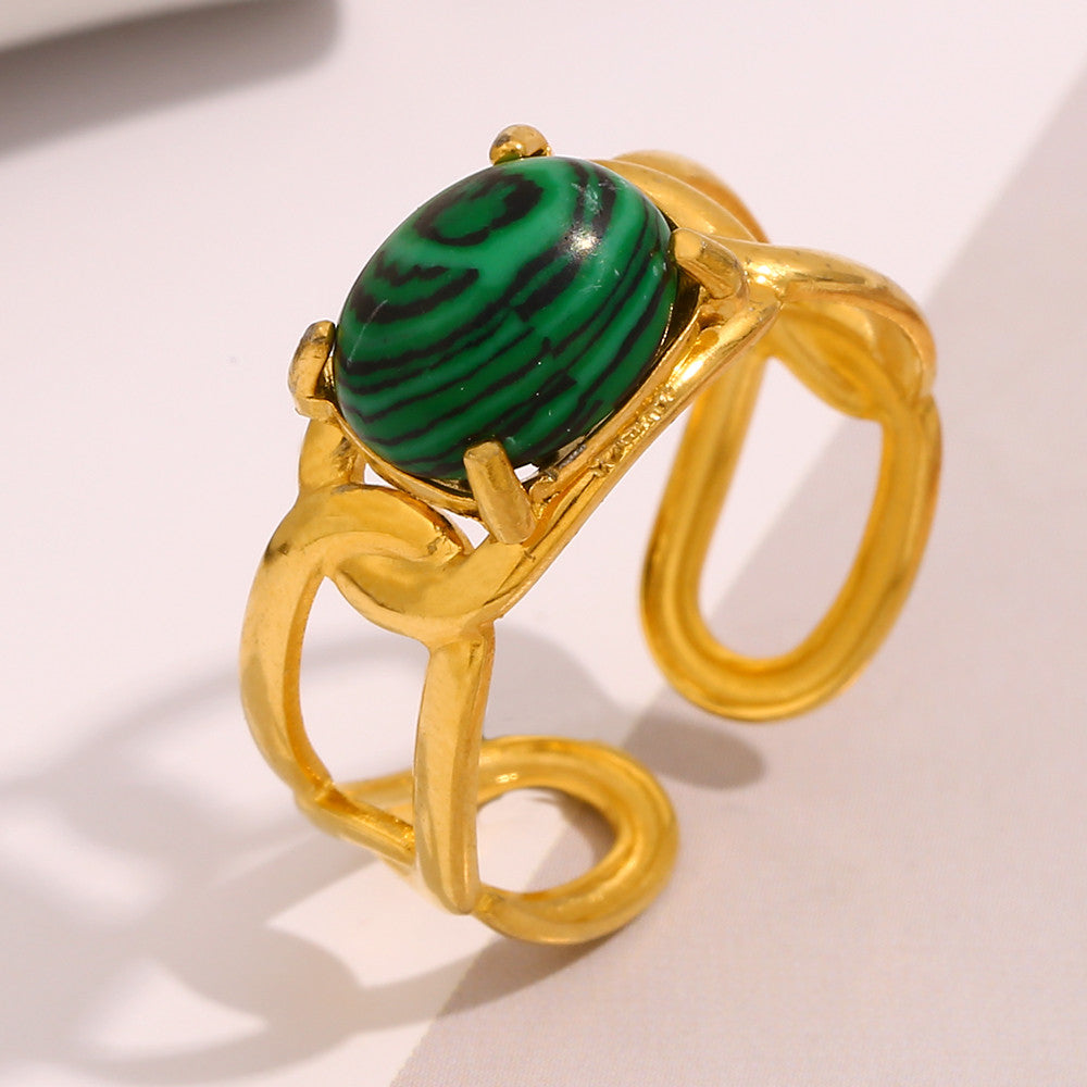 18k Gold Water Proof Fashion Natural Malachite Stone Stainless Steel Hypoallergenic Rings