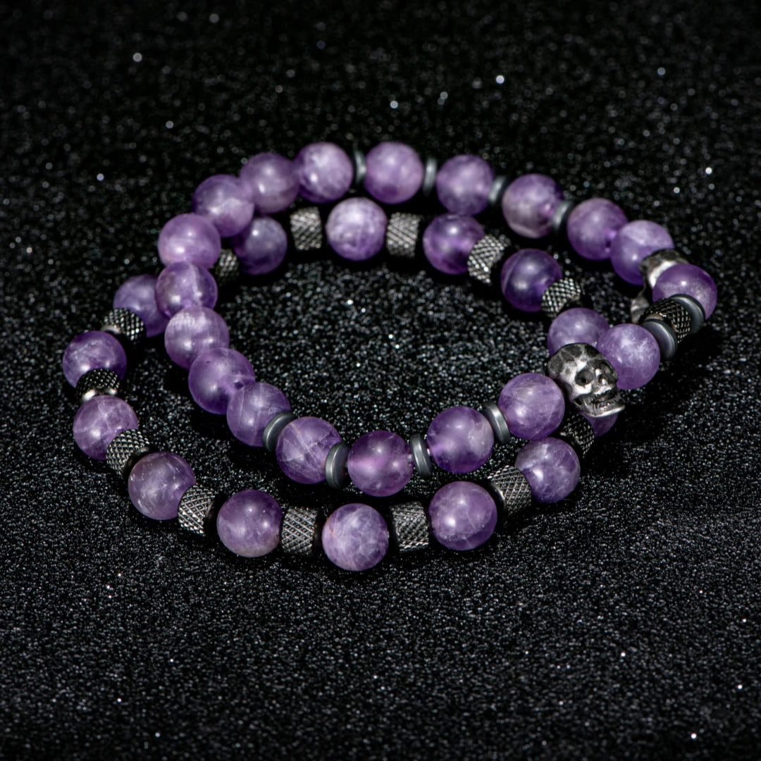 Skull Amethyst | Luxury 2pcs/Set Natural Amethyst Skull Beads Stretch Adjustable Bracelet