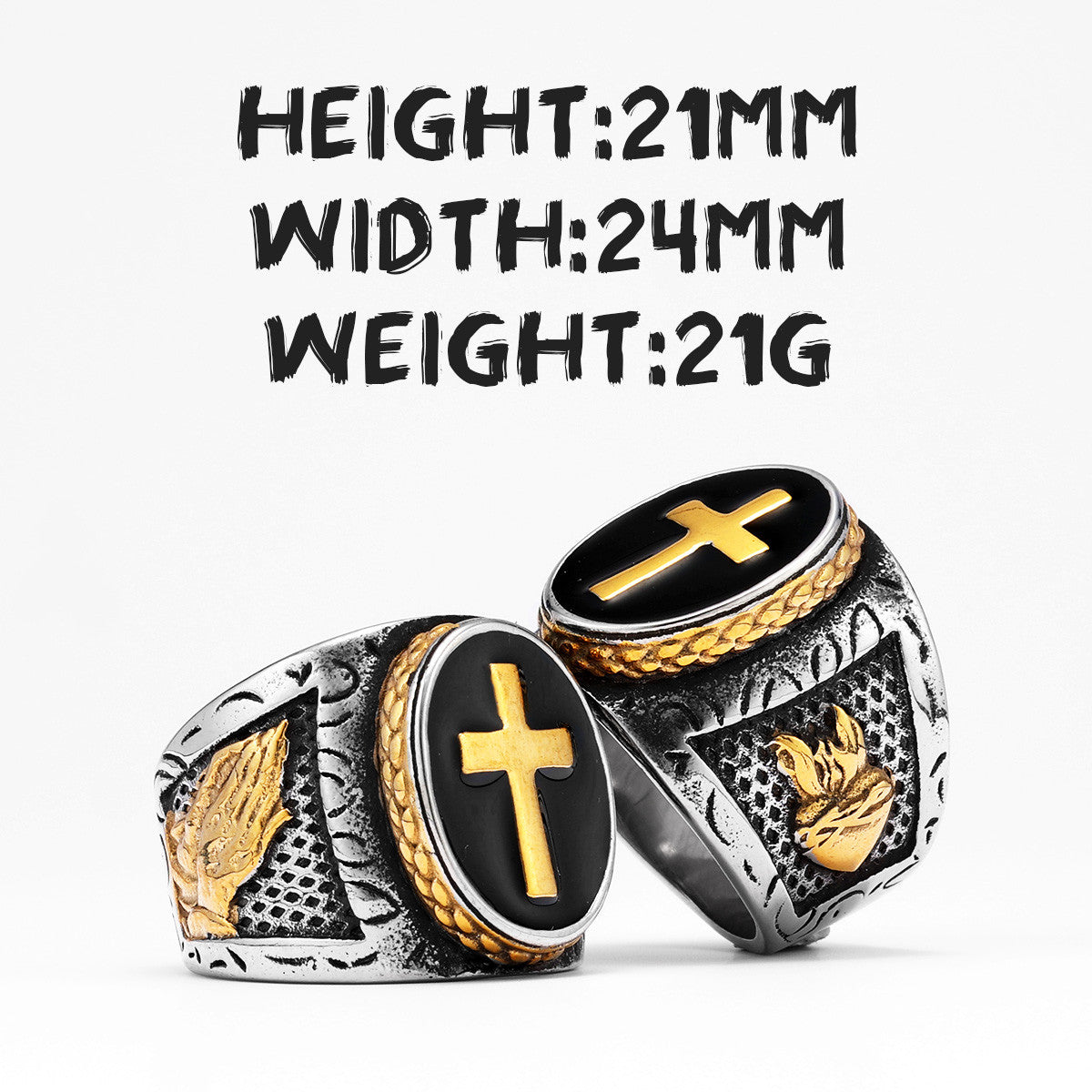 Praying Hands | 14k Gold over Solid Stainless Steel Cross Jesus Heart Men's Rings