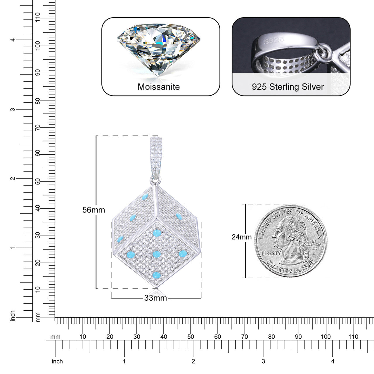 Dice Game | Mens Solid 925 Sterling Silver Glowing Dice Moissanite Diamond Hip Hop Pendant