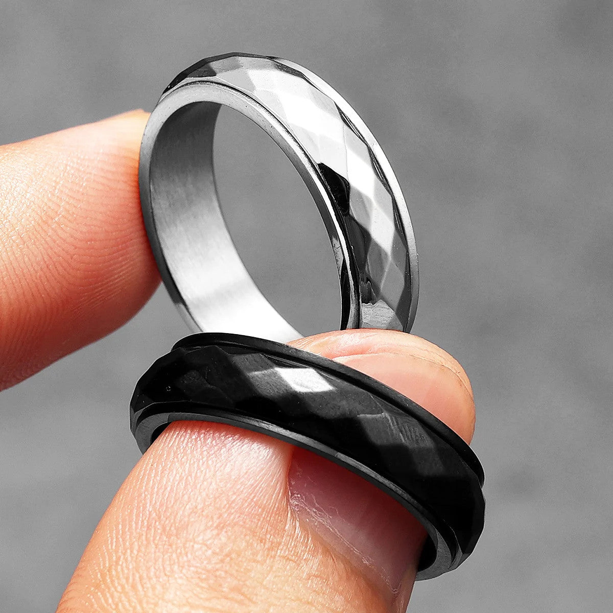 Geometric | Black Silver Solid Stainless Steel Rotating Classic Streetwear Rings