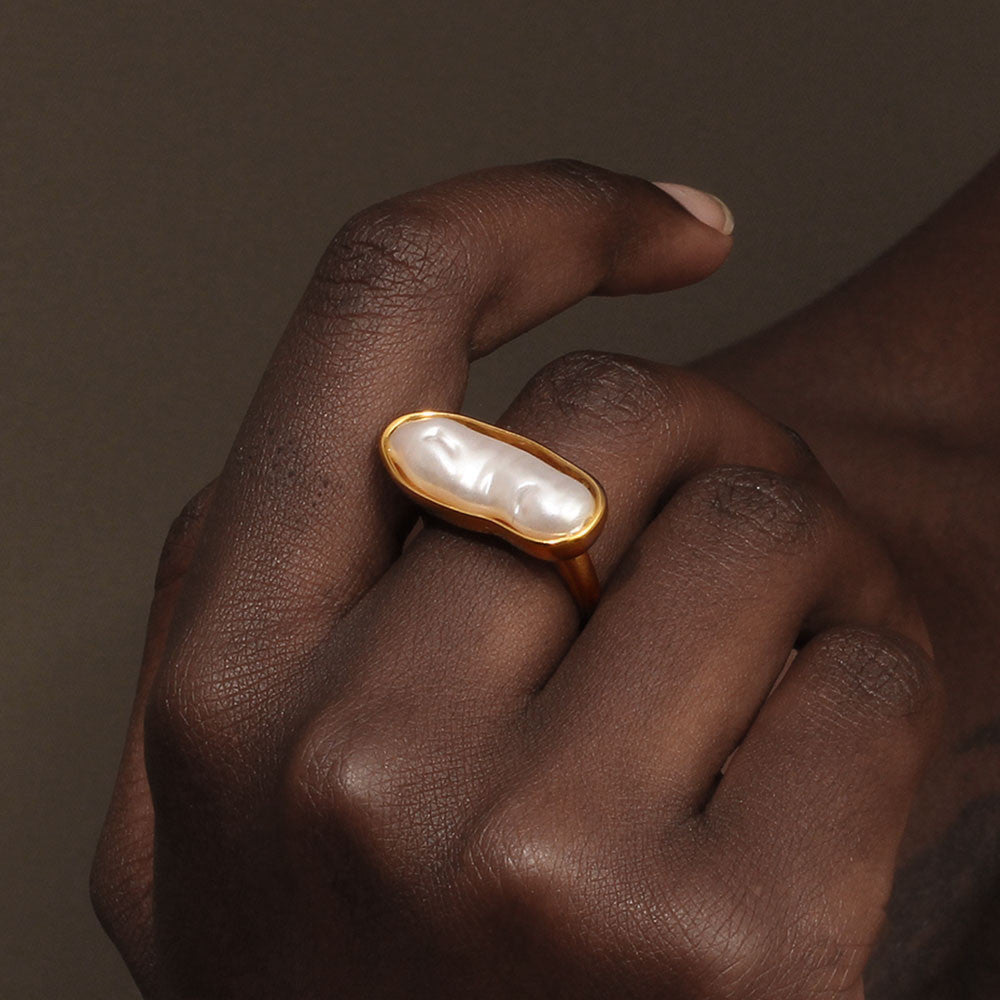 18k Gold Over No Fade Solid Stainless Steel Long Strip Freshwater Pearl Rings