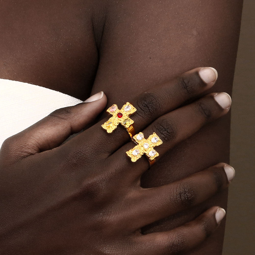 Womens Luxury 18k Gold Multicolor CZ Stainless Steel Waterproof Cross Ring