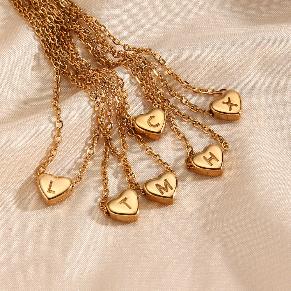18k Gold Big Love Small Heart Initial Letter Solid Stainless Steel Chain Necklace