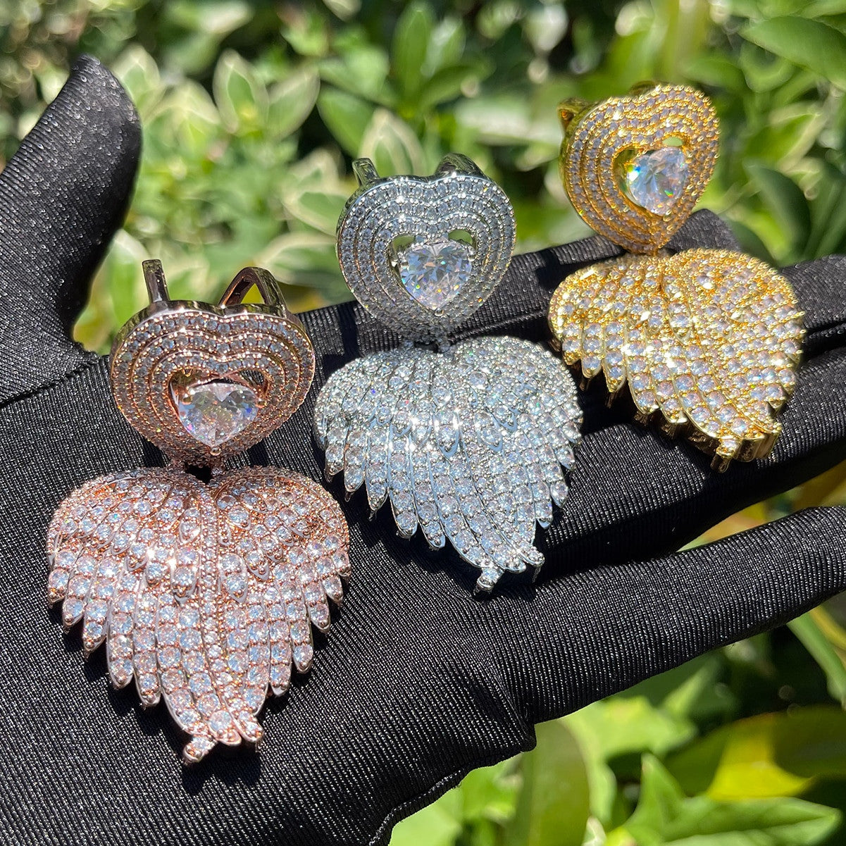 Ladies Center Stone Closed  Angel Wings Heart Shape Pendant Necklace