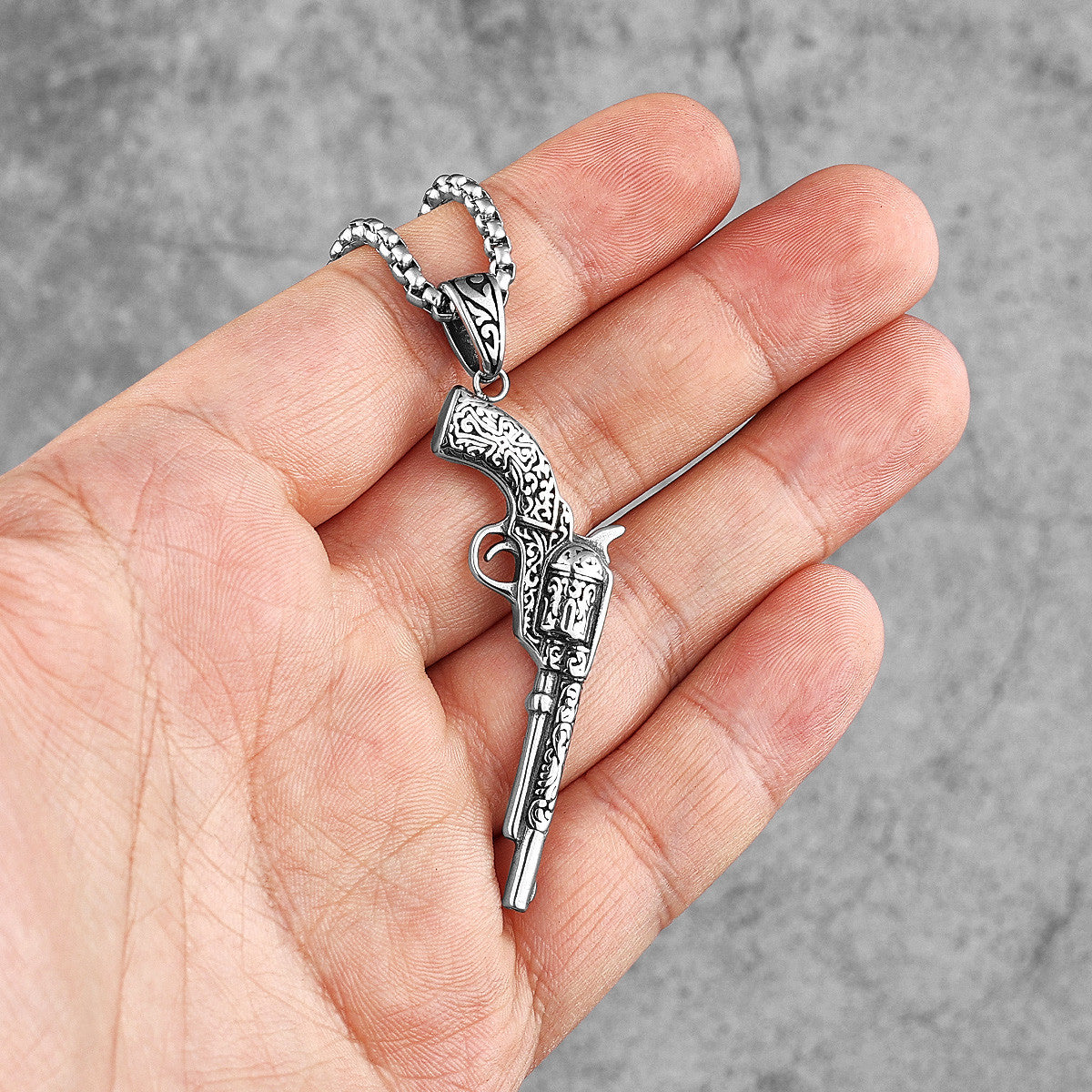 The Revolver | Vintage Engraved 316L No Fade Stainless Steel Revolver Hip Hop Pendant