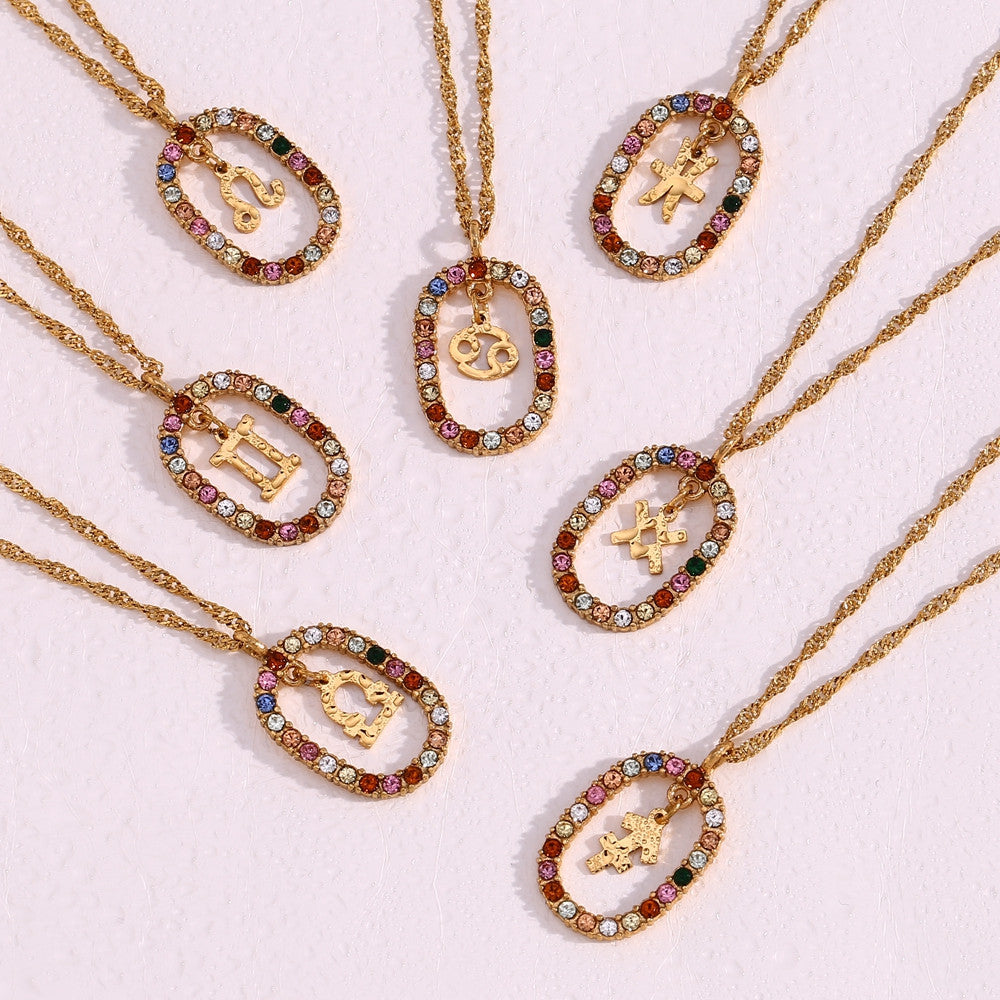 18k Gold Stainless Steel Colorful CZ Hollow Oval Zodiac Sign Pendant Necklaces