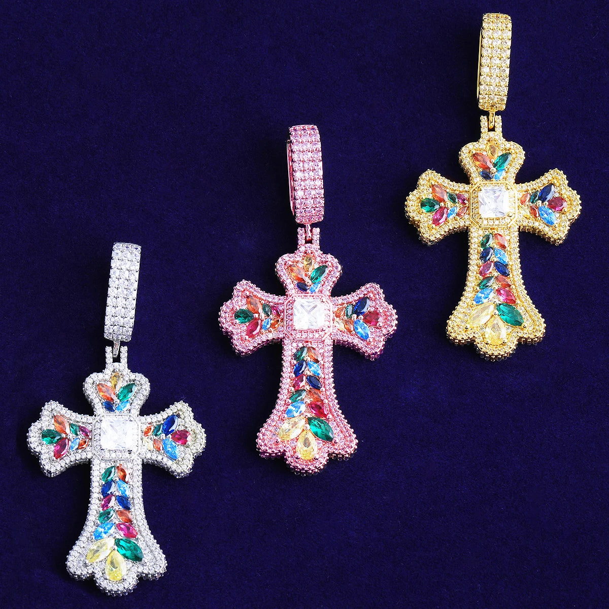 Technicolor Cross | 5AA+ VVS Diamond CZ Centerstone Iced Blinged Out Cross Pendant