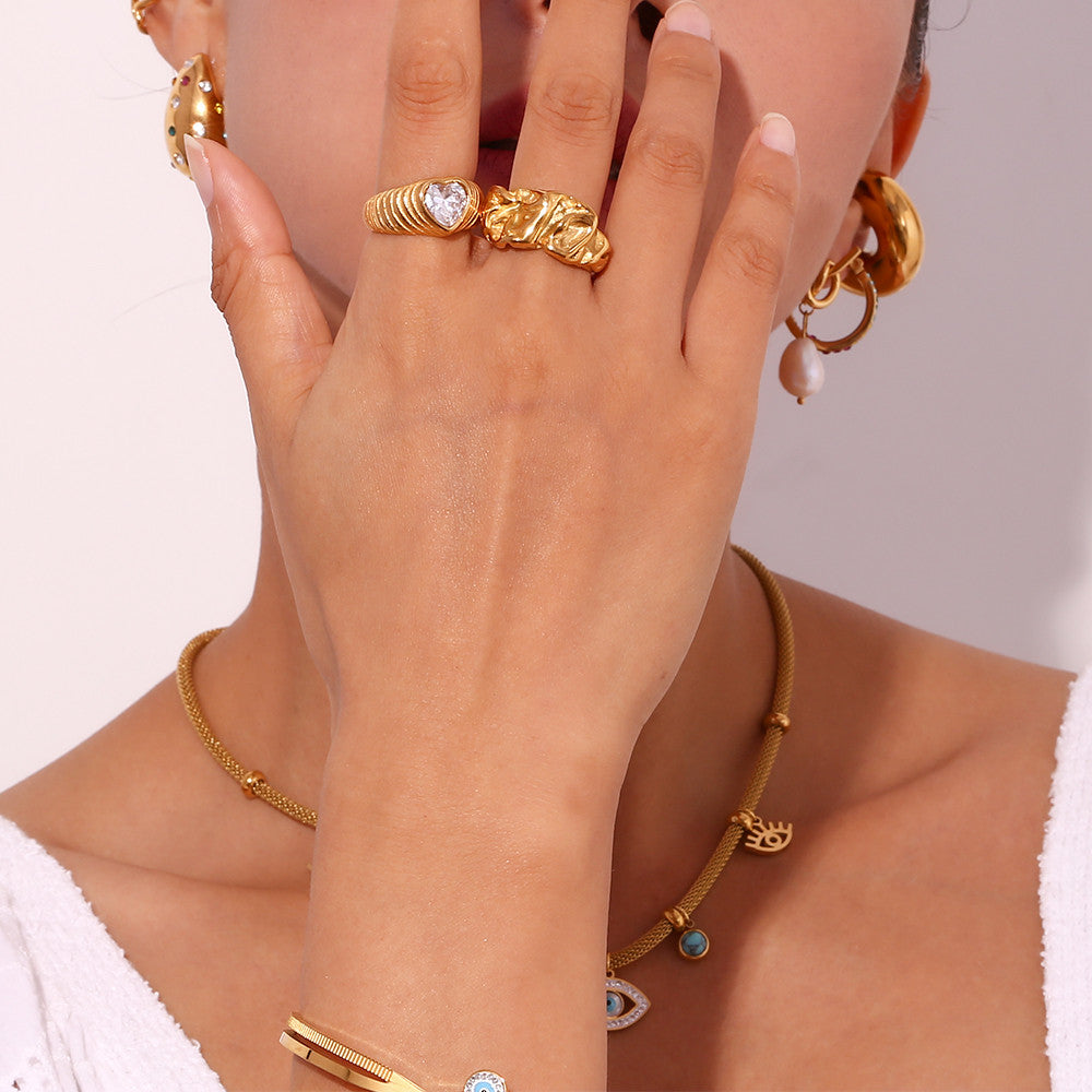 18k Gold Tarnish Free Heart Love Radiates Wave Zircon Waterproof Stainless Steel Rings