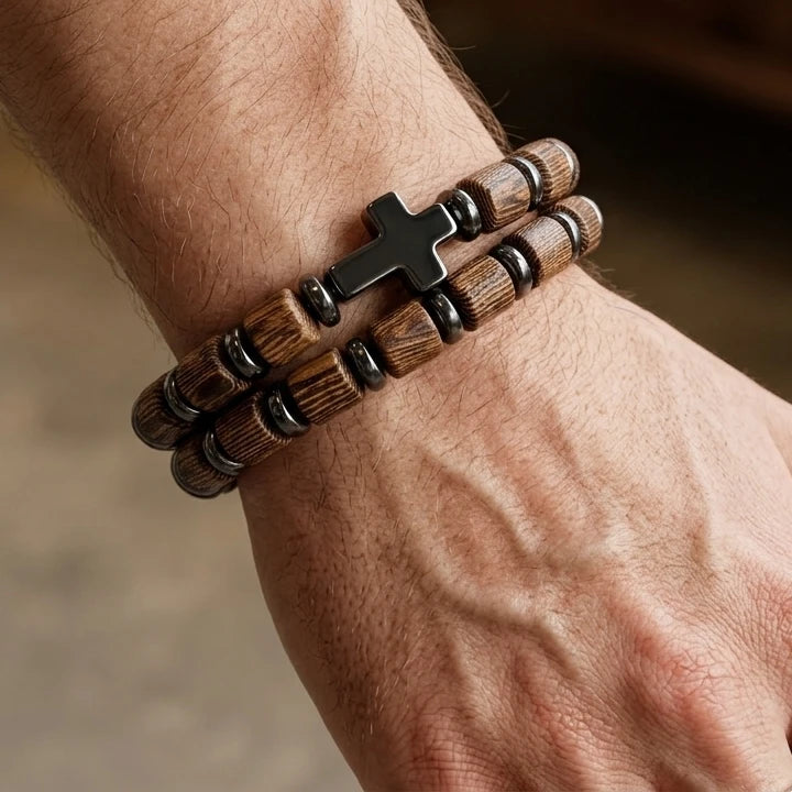Divine Blessings | Handmade 2 Piece Natural Wooden Gallstone Meditation Cross Bracelet