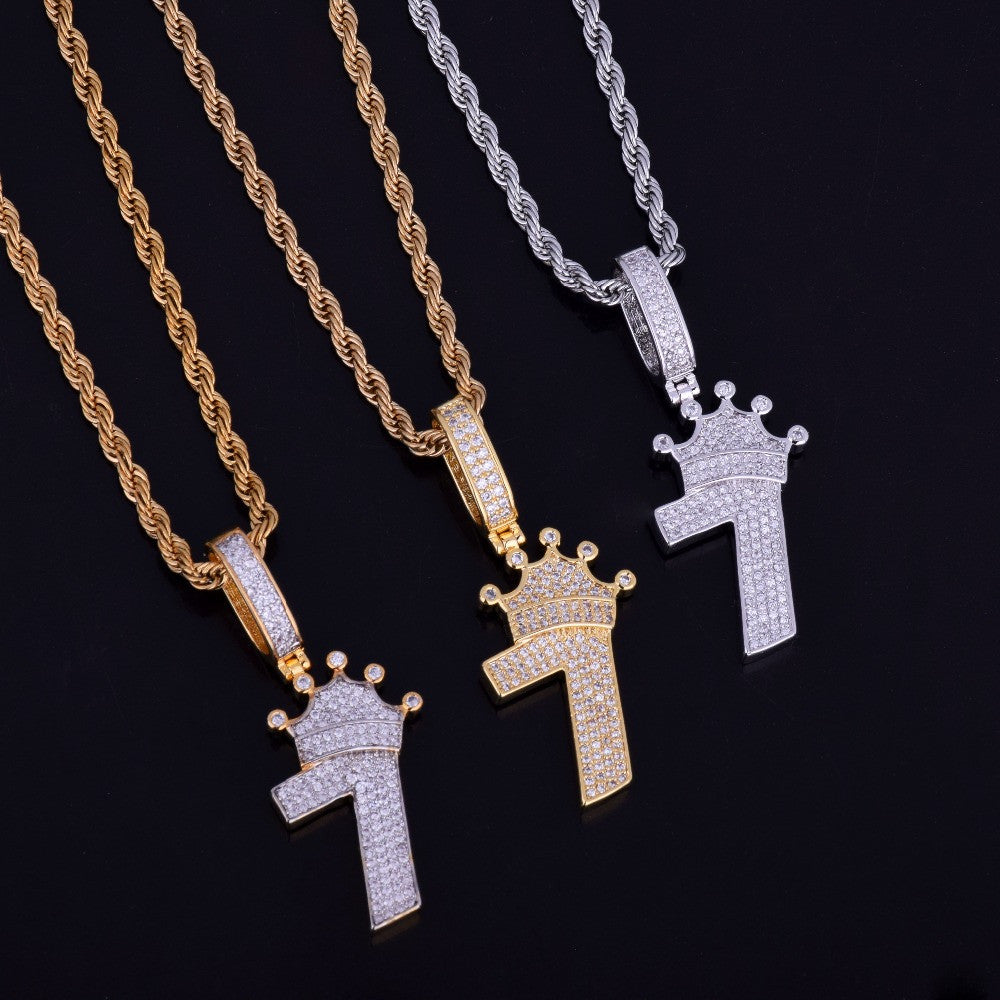 Kings Crown 18k Gold 925 Silver Lucky Number 7 AAA True Micro Pave Flooded Ice Chain