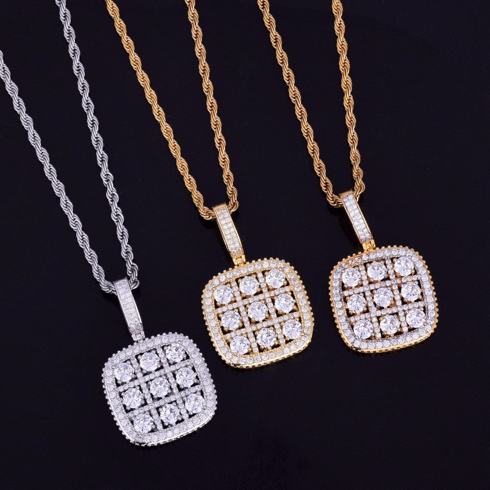 Big Boy Flooded Ice 18k Gold .925 Silver Solitaire Square Cluster Pendant Chain