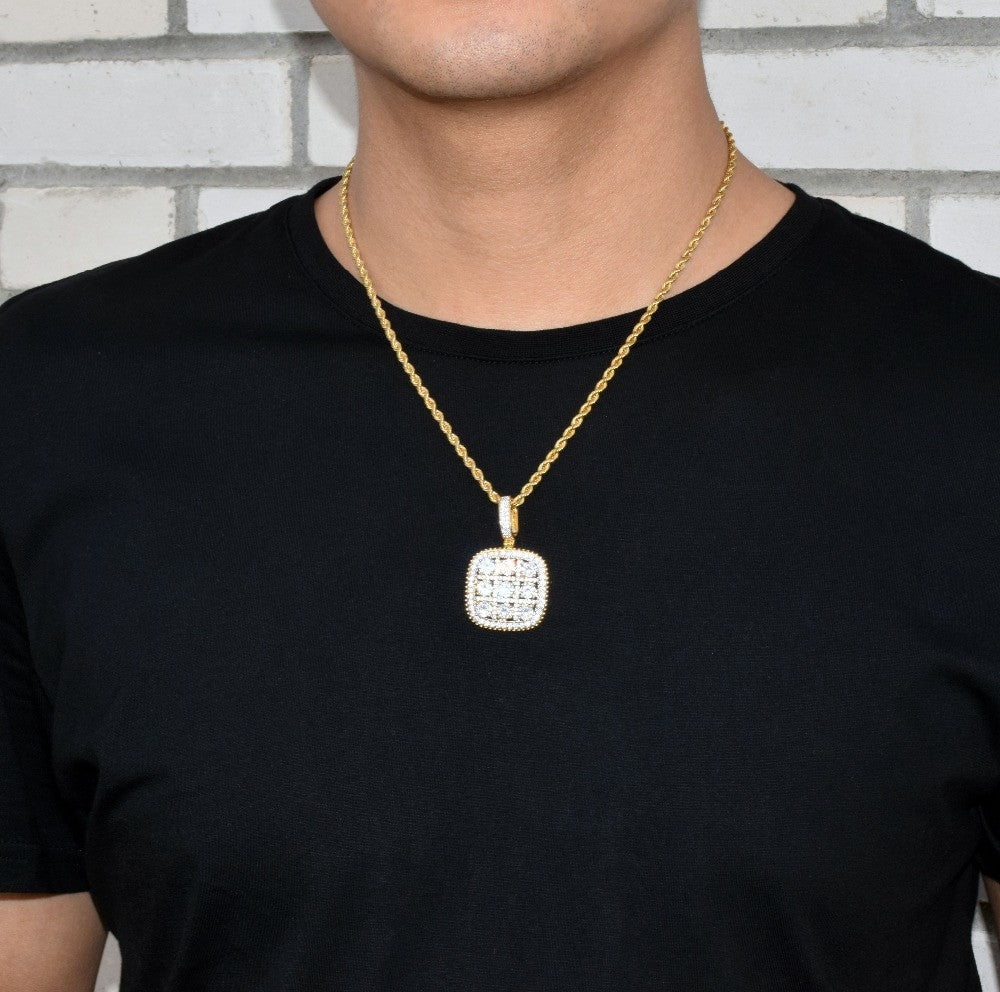 Big Boy Flooded Ice 18k Gold .925 Silver Solitaire Square Cluster Pendant Chain