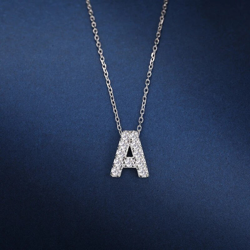 Ladies Solid 925 Silver Genuine VVS Diamond Initial Letter Choker Clavicle Chain Necklace
