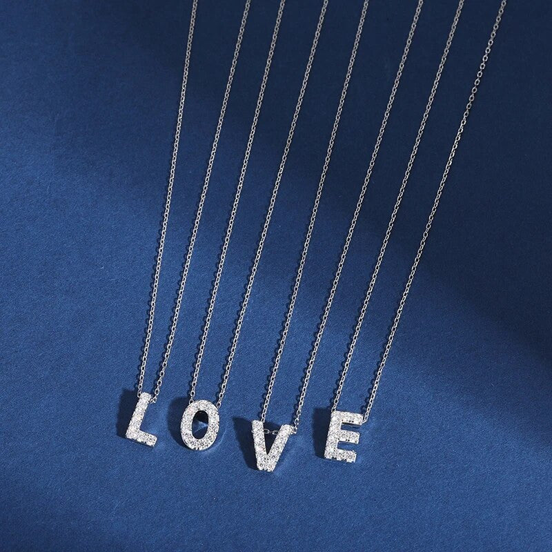 Ladies Solid 925 Silver Genuine VVS Diamond Initial Letter Choker Clavicle Chain Necklace