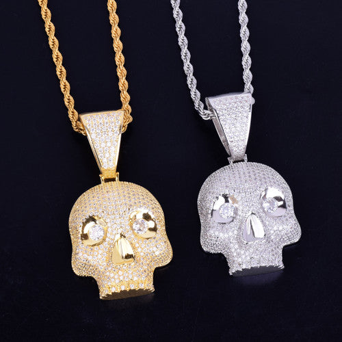 AAA Micro Pave Flooded Ice Eye Skull Head Skull 24k Gold .925 Silver Hip Hop Pendant Chain Necklace