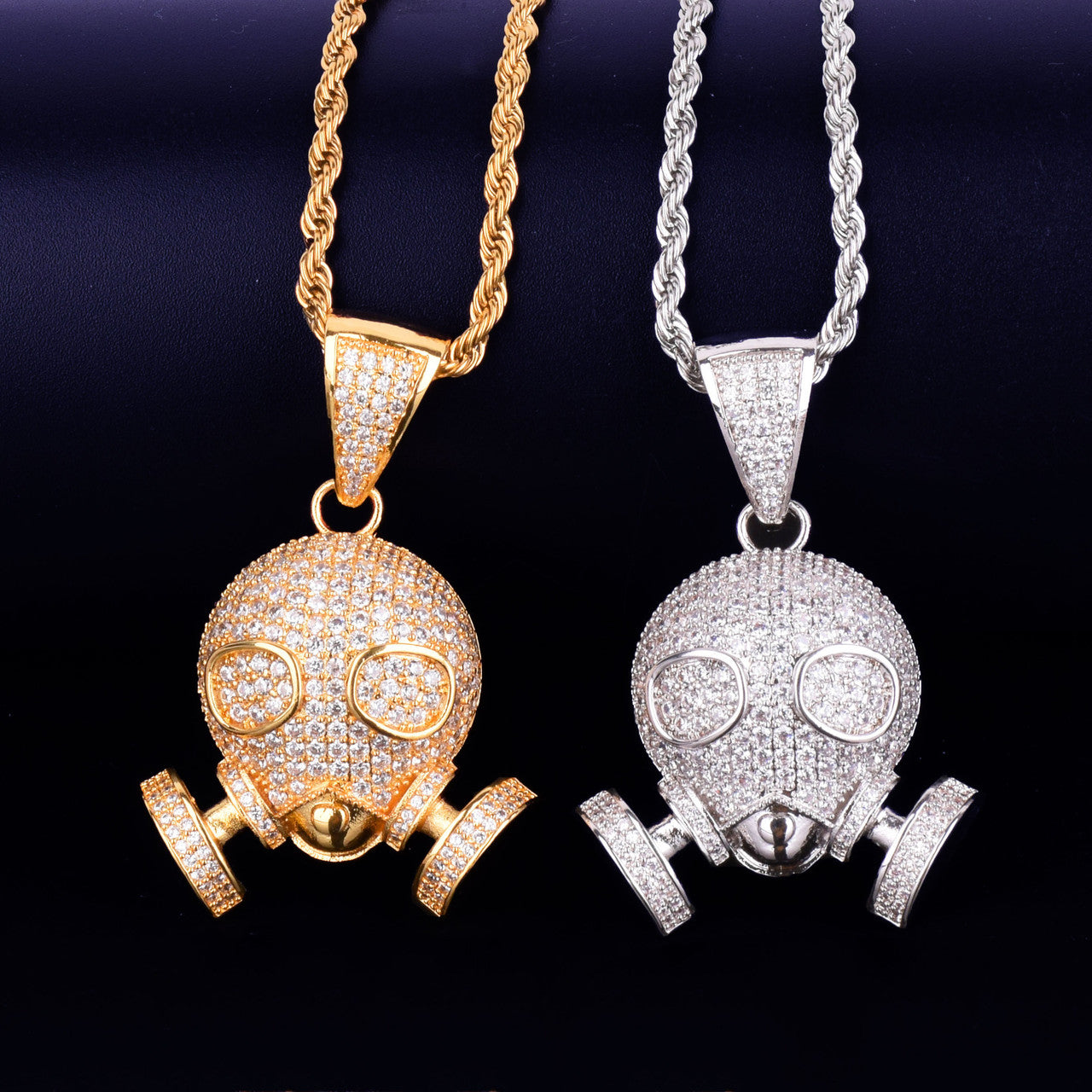 Flooded Ice True Micro Pave Hip Hop Skull Gas Mask 18k Gold .925 Silver Pendant Chain Necklace