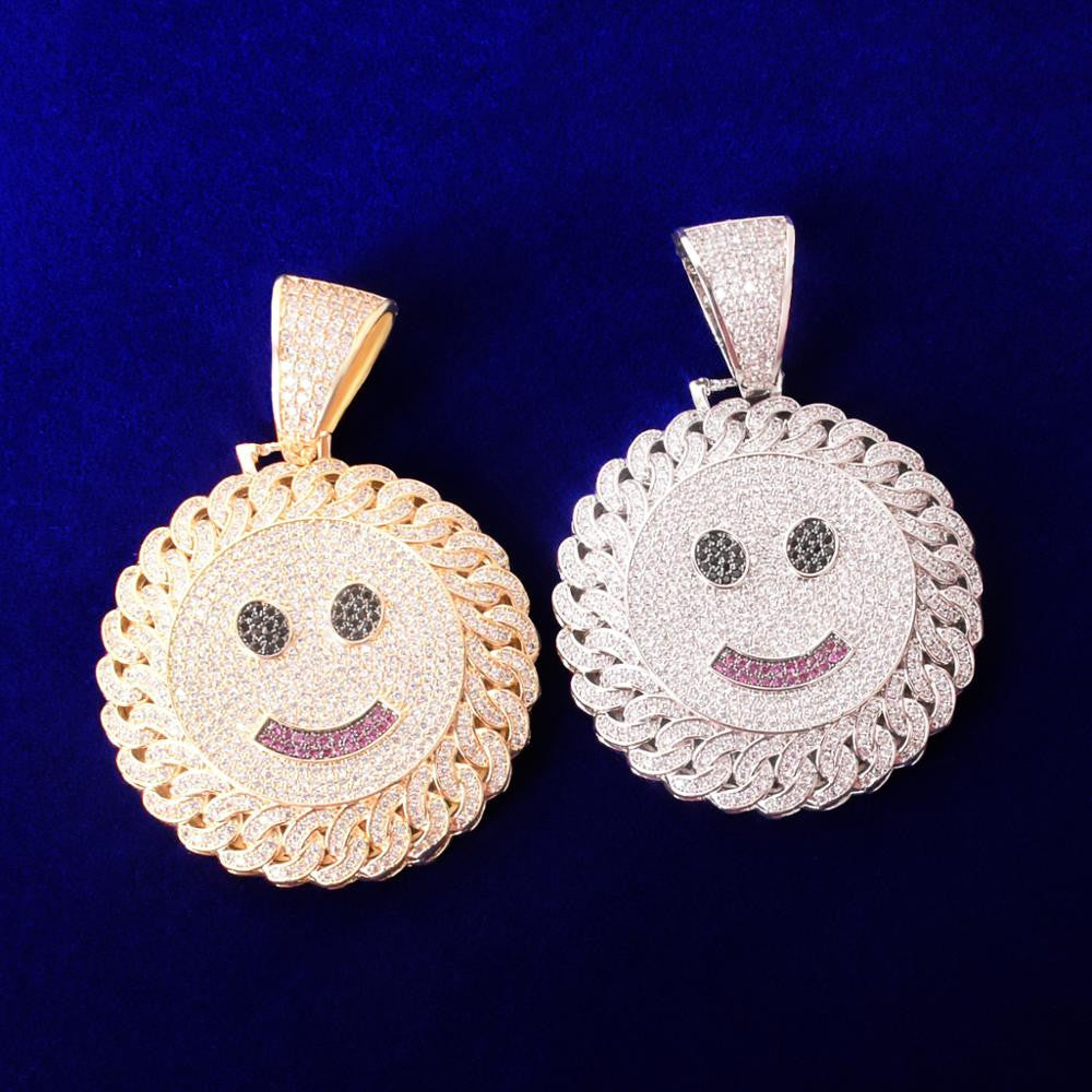 18k Gold 925 Silver Flooded Ice Cuban Link Design Smiley Face Hip Hop Pendant Chain Necklaces