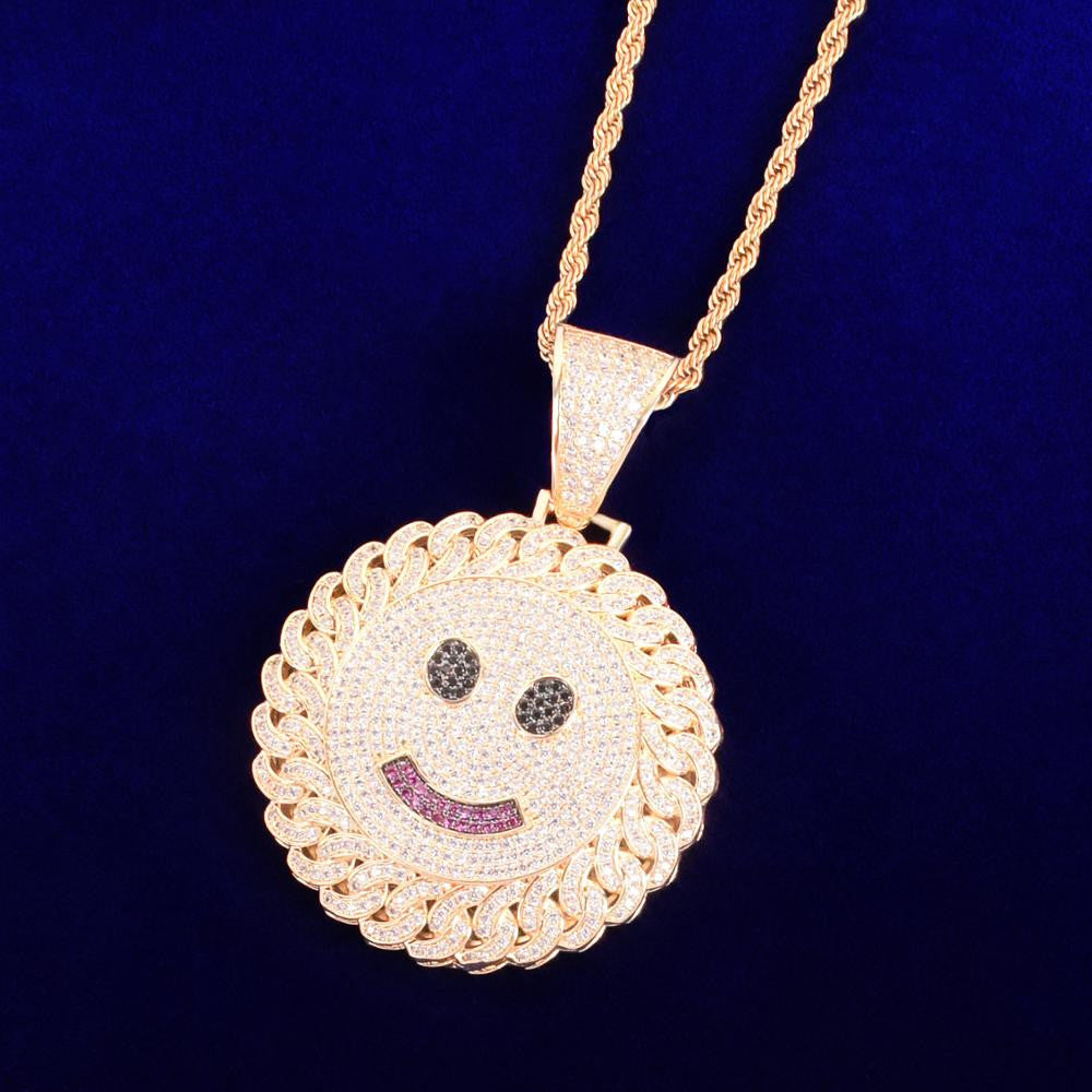 18k Gold 925 Silver Flooded Ice Cuban Link Design Smiley Face Hip Hop Pendant Chain Necklaces