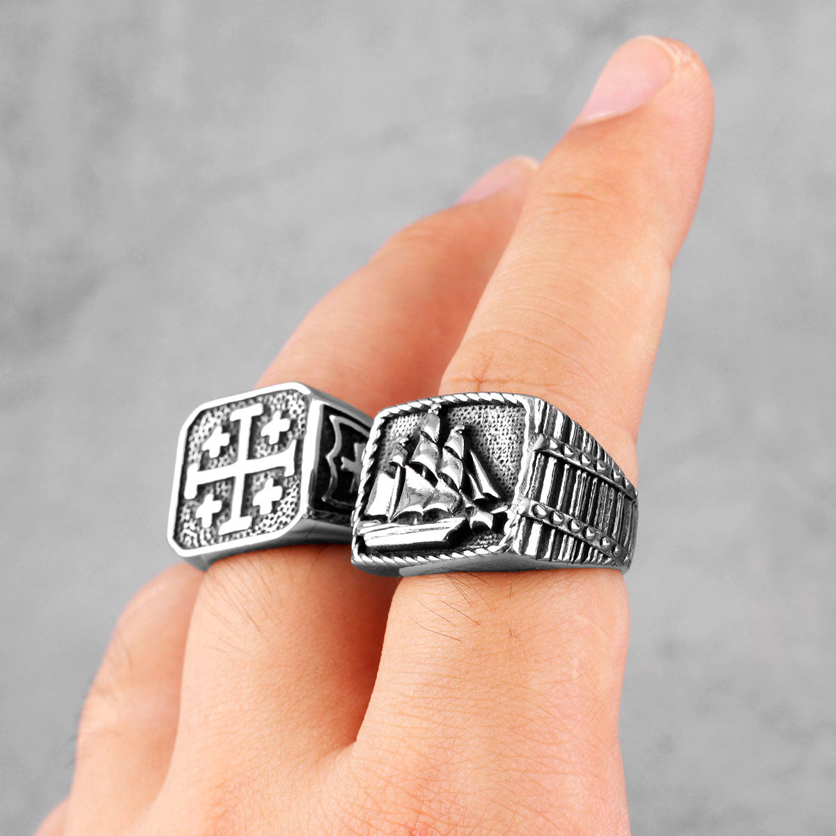 Mens 316L Stainless Steel Smooth Sailing Good Luck Ship Motif Rings